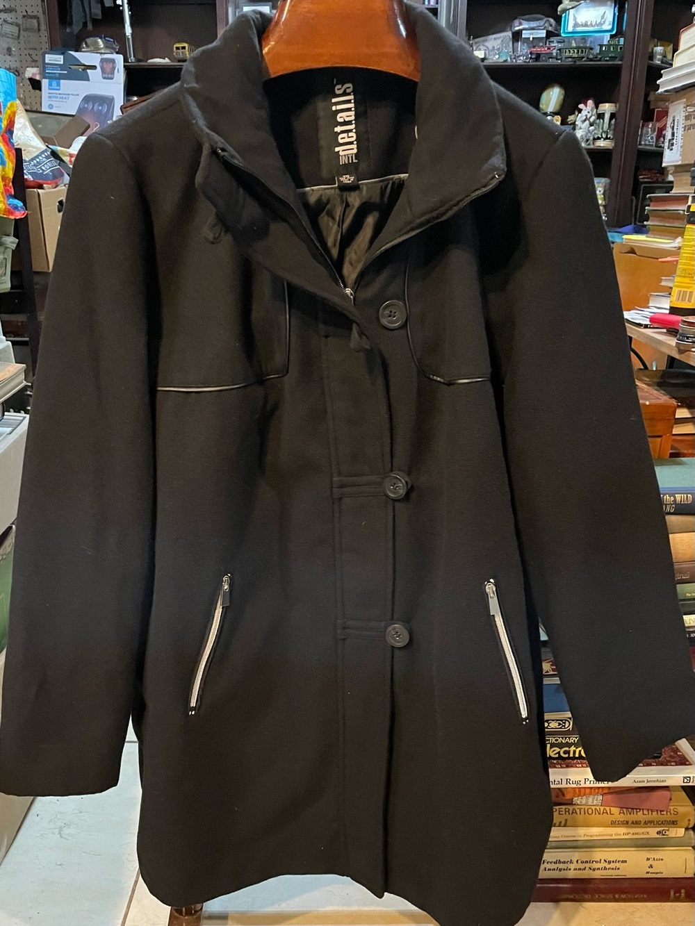 Women's Black Pea Coat with Zip-Trim Pockets